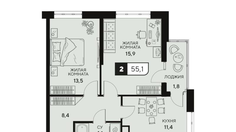 Продаю 2-комнатную квартиру от застройщика, 55.1 м², Анапа, Анапское шоссе,                                                     18к3