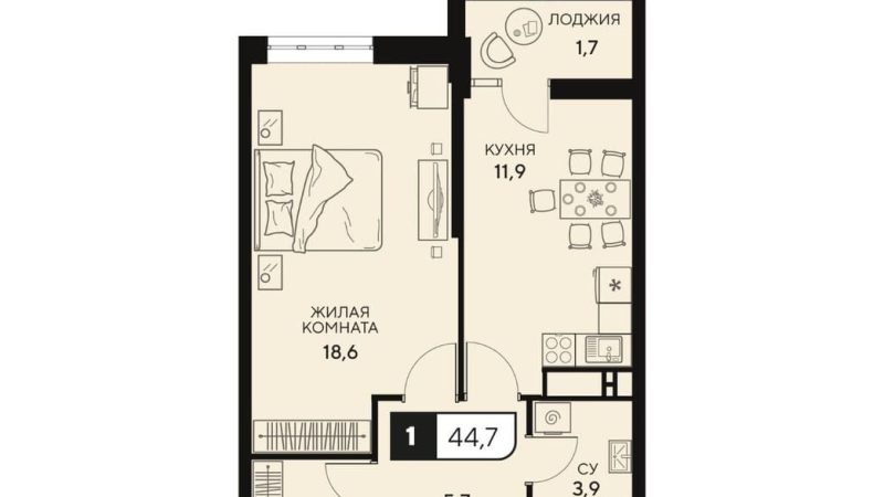 Продам 1-комнатную квартиру от застройщика, 44.7 м², Анапа, Анапское шоссе,                                                     18к2