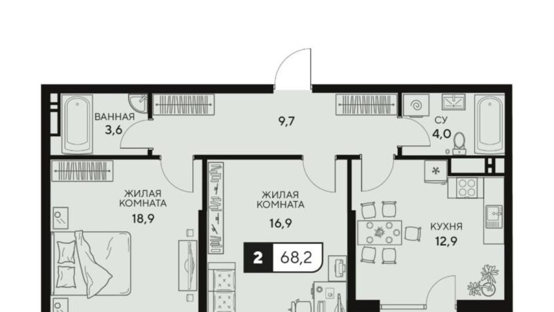 Продам 2-комнатную квартиру от застройщика, 68.2 м², Анапа, Анапское шоссе,                                                     18к3