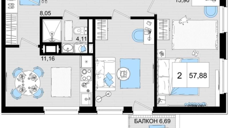 Продаются 2-комнатные апартаменты от застройщика, 56.38 м², Анапа, шоссе Симферопольское, Корпус                                                     2