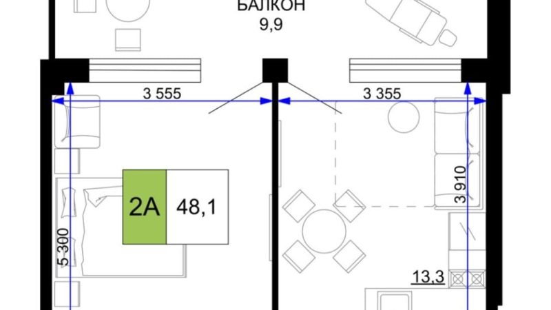 Продажа 2-комнатных апартаментов от застройщика, 48.1 м², Анапа, проезд Сосновый, Литер                                                     1